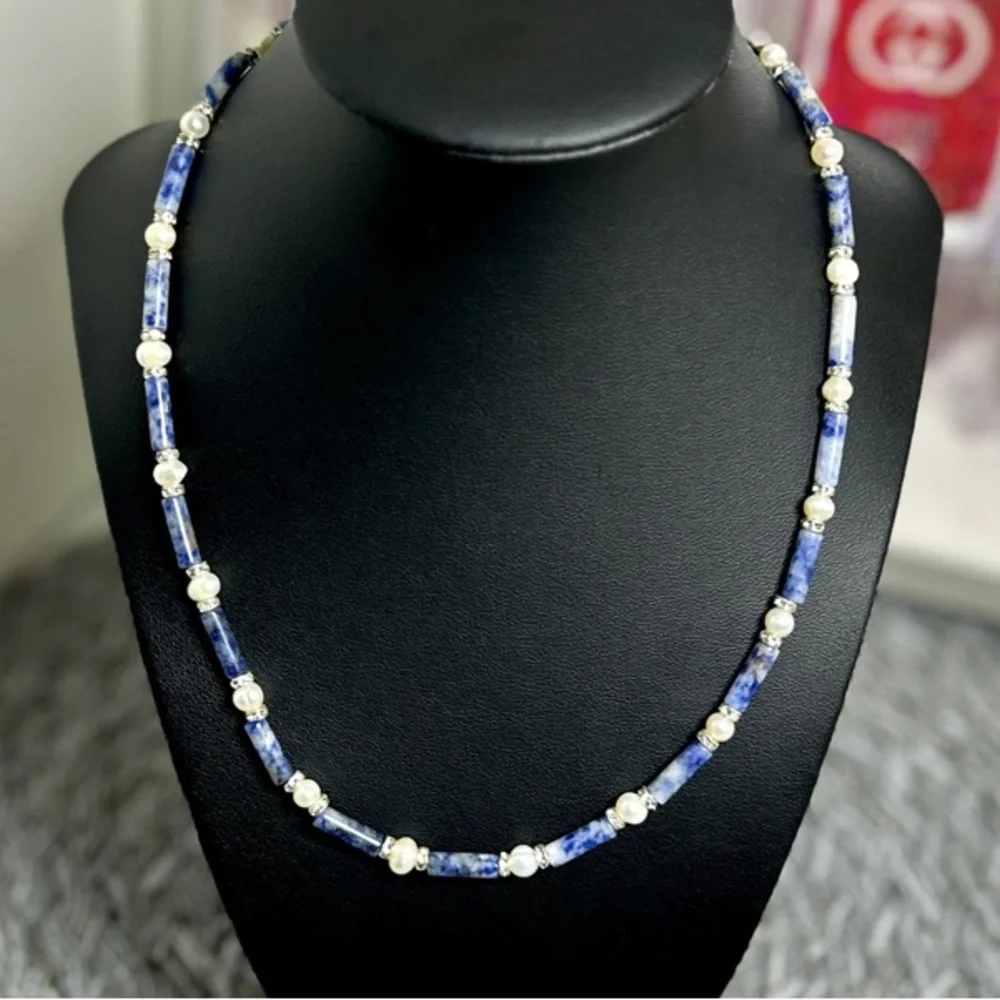Natural Blue Spot Jasper & Natural Pearl Beaded Necklace